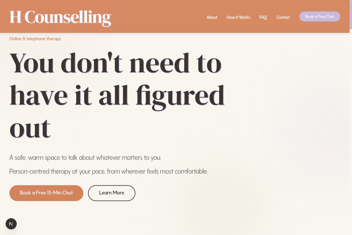 H Counselling – Online therapy practice – Calm oat and matcha palette with custom typefaces
