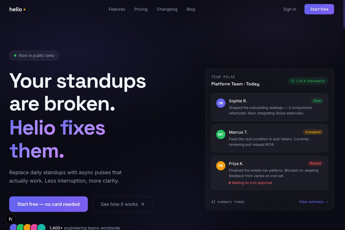 Helio – SaaS landing page – Dark midnight gradient hero with electric indigo accents for async standup tool