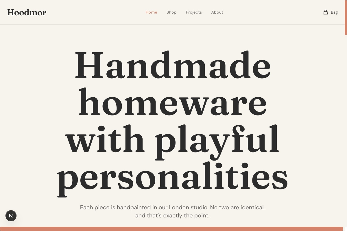Hoodmor – Handmade ceramics – Warm tactile e-commerce site with gallery-style product presentation