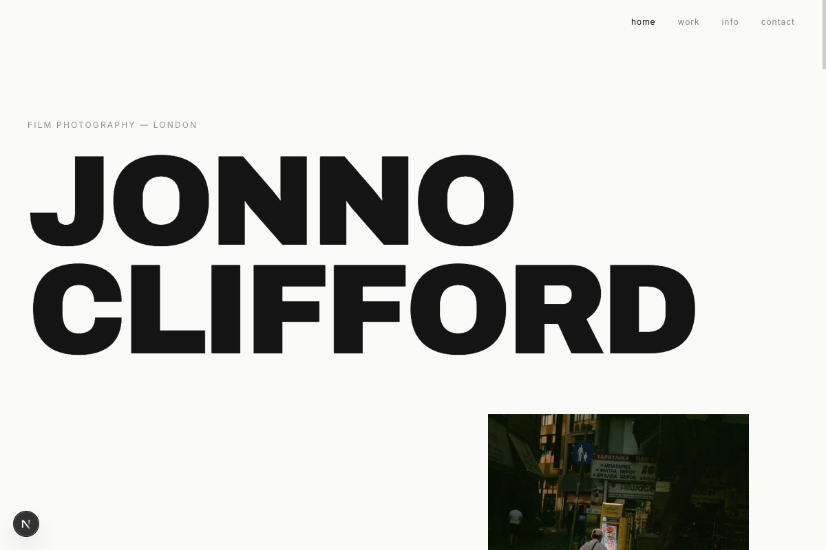 Jonno Clifford – Film photography portfolio – Oversized logotype hero with scattered parallax image cascade