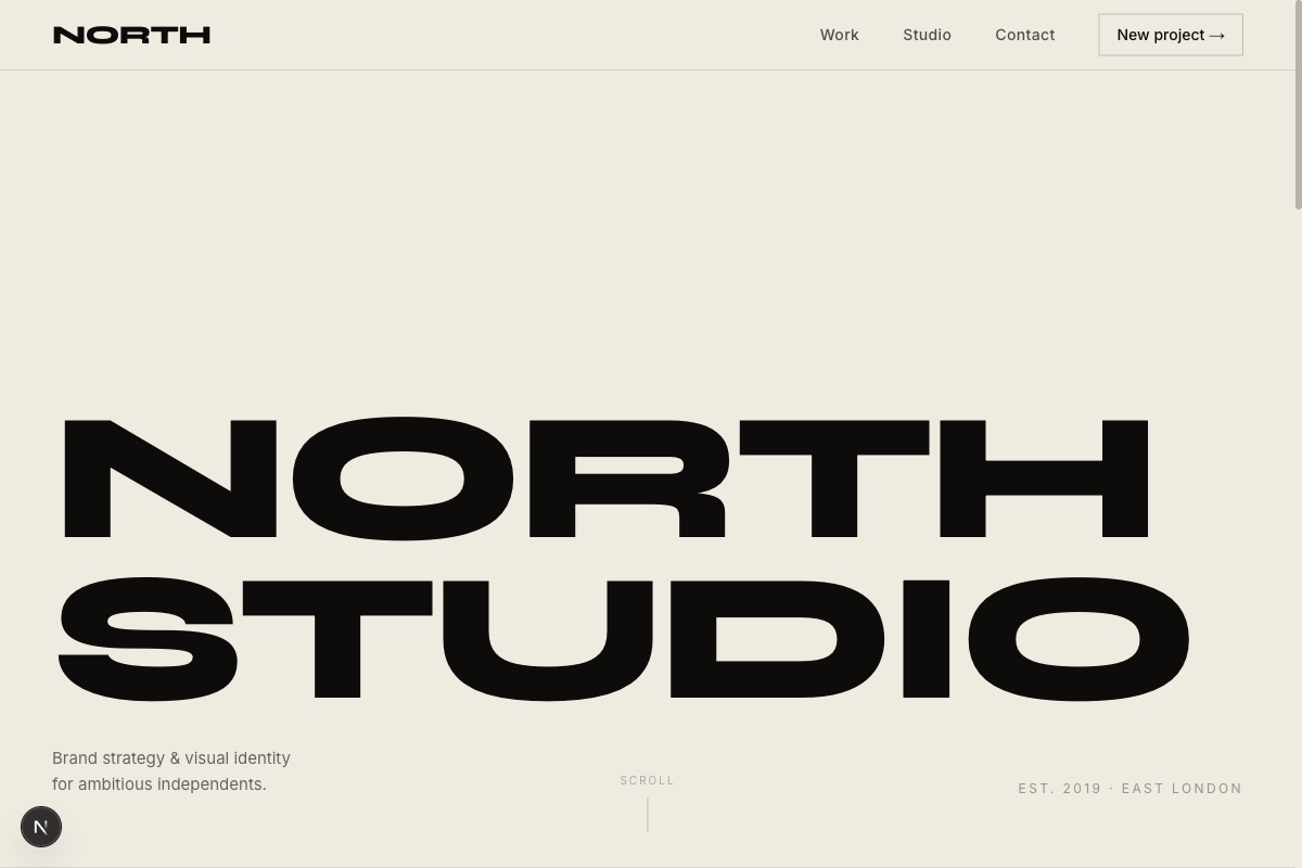 North Studio – Creative agency – Brutalist typographic site with oversized Syne wordmark on warm parchment