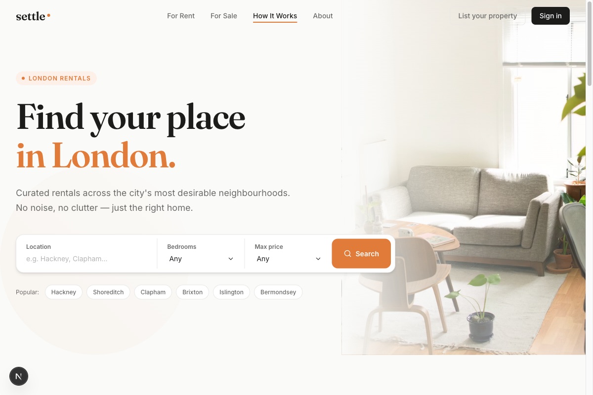 Settle – London property platform – Calm aspirational search experience with terracotta accents and real listings