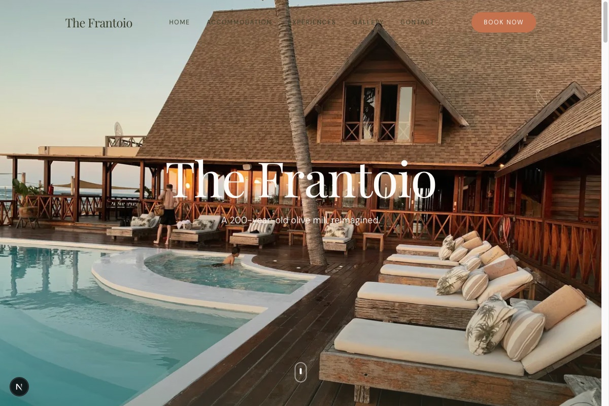 The Frantoio – Tuscan villa retreat – Cinematic hero imagery with warm earth palette and editorial layout