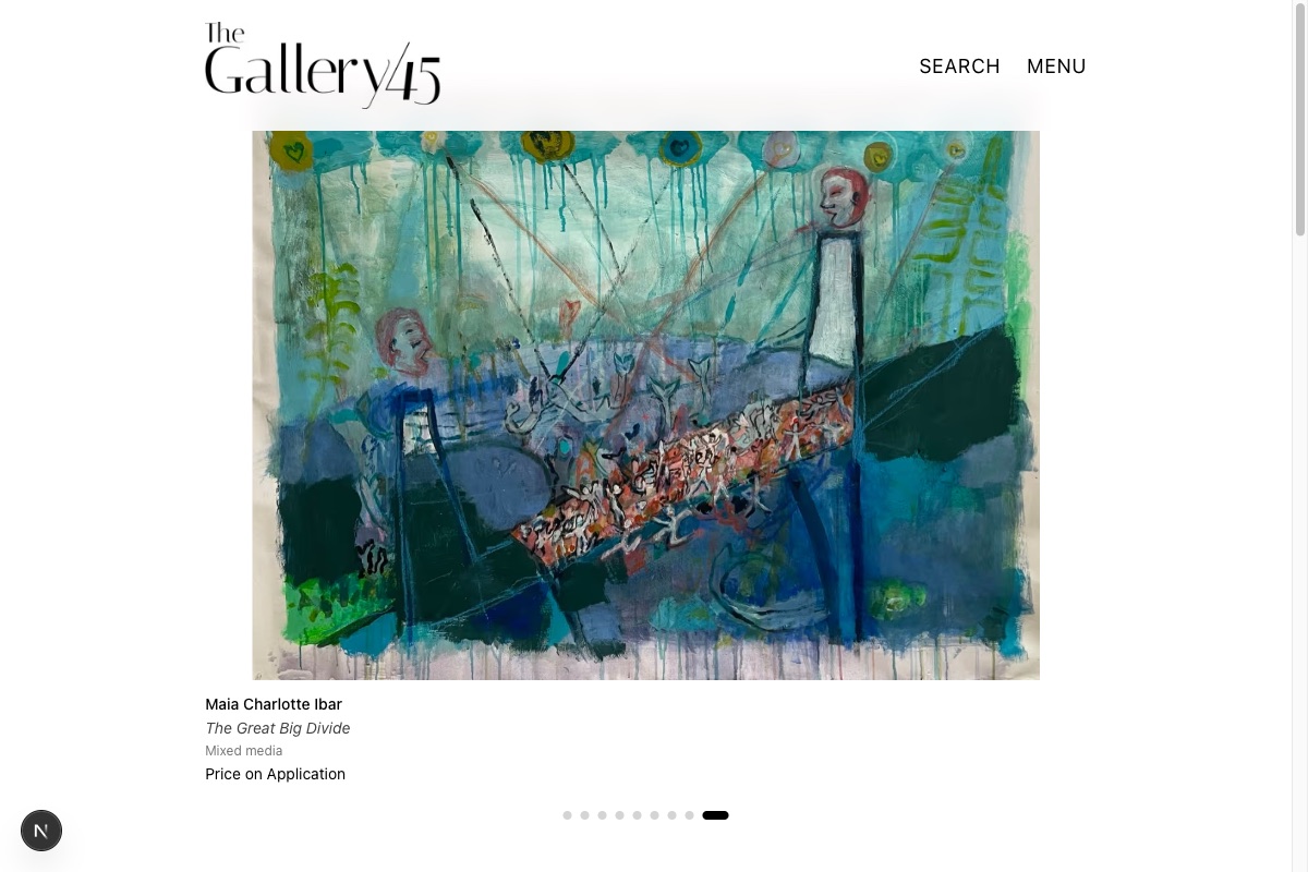 The Gallery 45 – Contemporary art gallery – Minimal editorial site with bright yellow accent and masonry artwork grid
