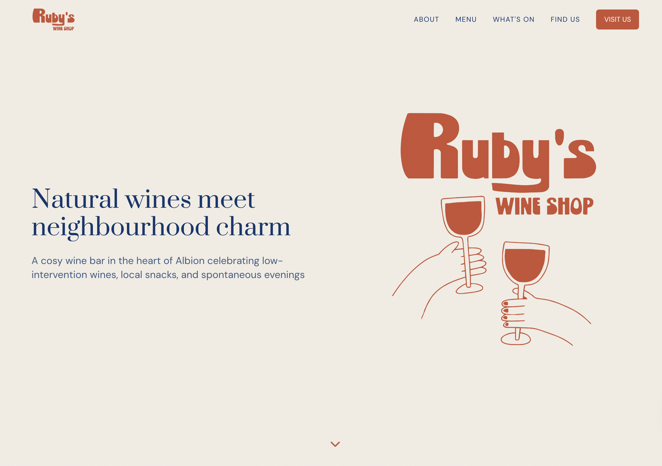 Ruby's Wine Shop - wine bar website featuring warm colour palette and hand-drawn illustrations
